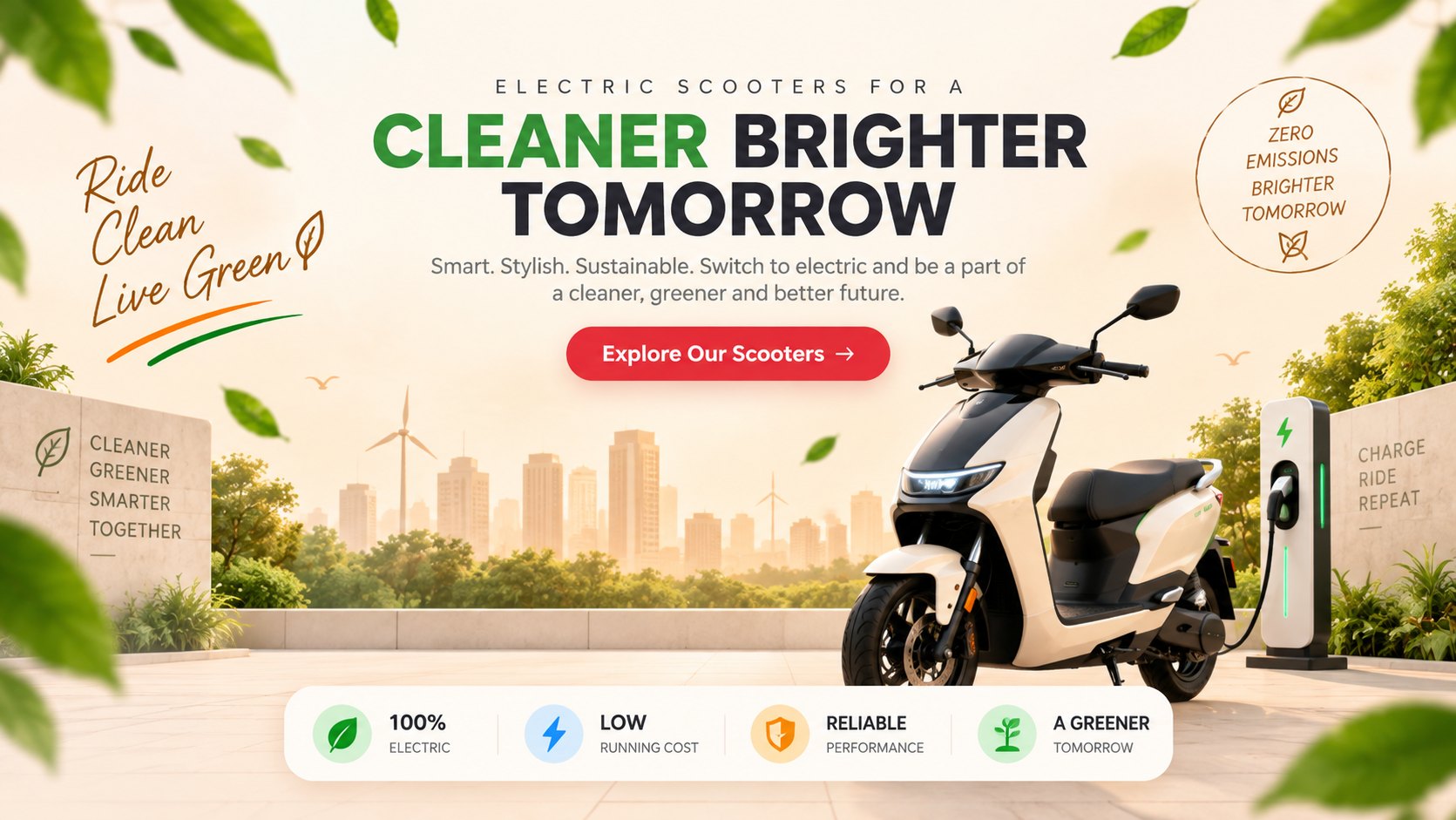 Deevolt electric scooter charging beside a green city skyline — electric scooters for a cleaner, brighter tomorrow
